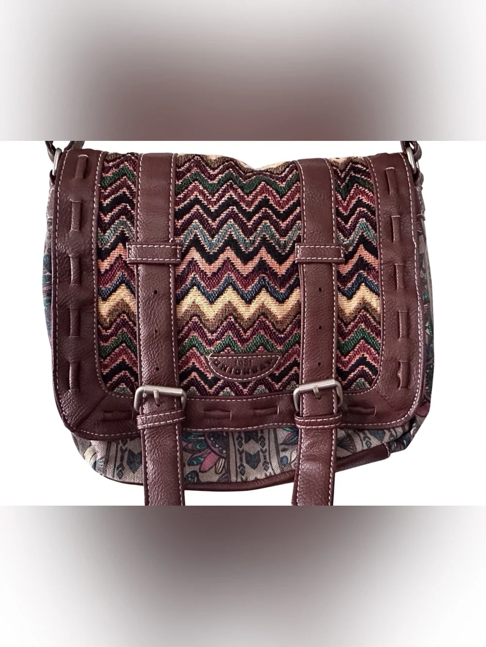 Stylish Multicolor Chevron Men’s Messenger Bag with Brown Leather Trim